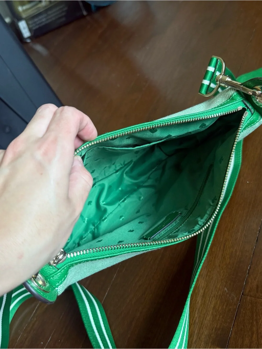 kate spade Green and Cream Crossbody Bag with Striped Strap